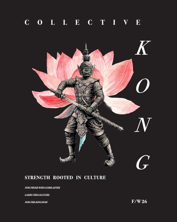 Close-up of the Origin Tee back graphic: Yaksha guardian over a pink lotus with vertical KONG lettering