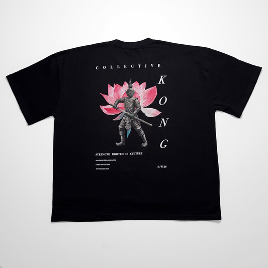 KONG Collective Origin Tee in black, back view with Yaksha guardian and lotus graphic